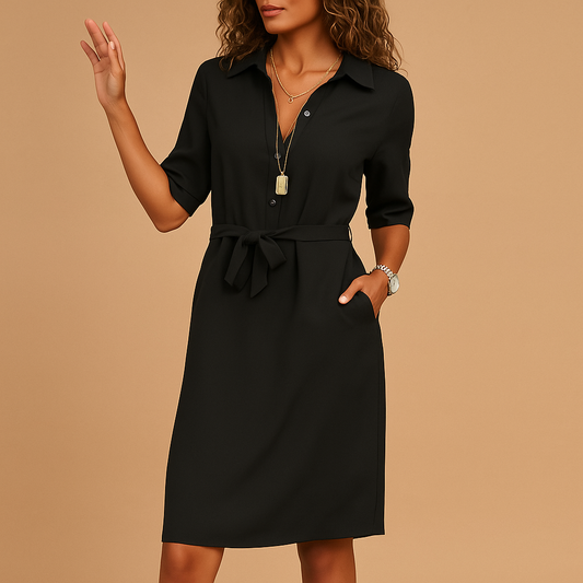 Cassiopeia Collared Tie Waist Short Sleeve Utility Midi Dress - Black