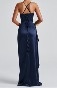 Celestine Cross Back Ruched Satin High Split Column Maxi Dress