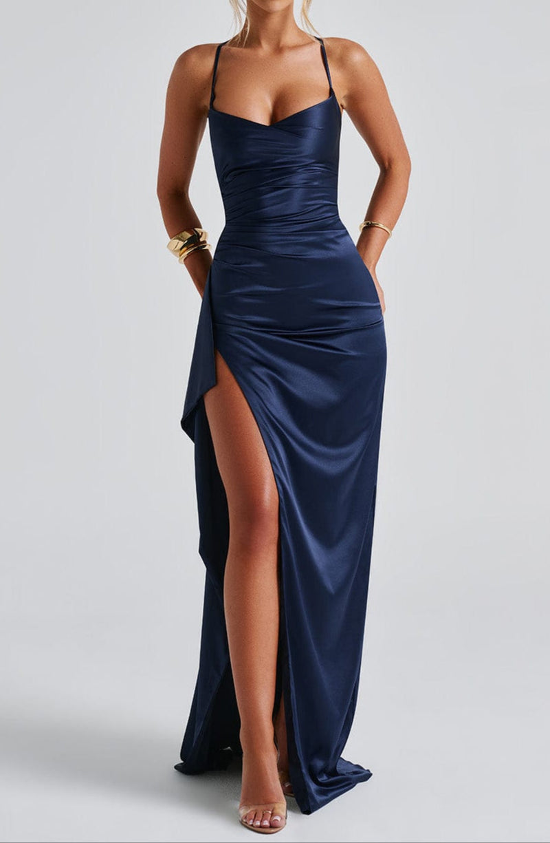 Celestine Cross Back Ruched Satin High Split Column Maxi Dress