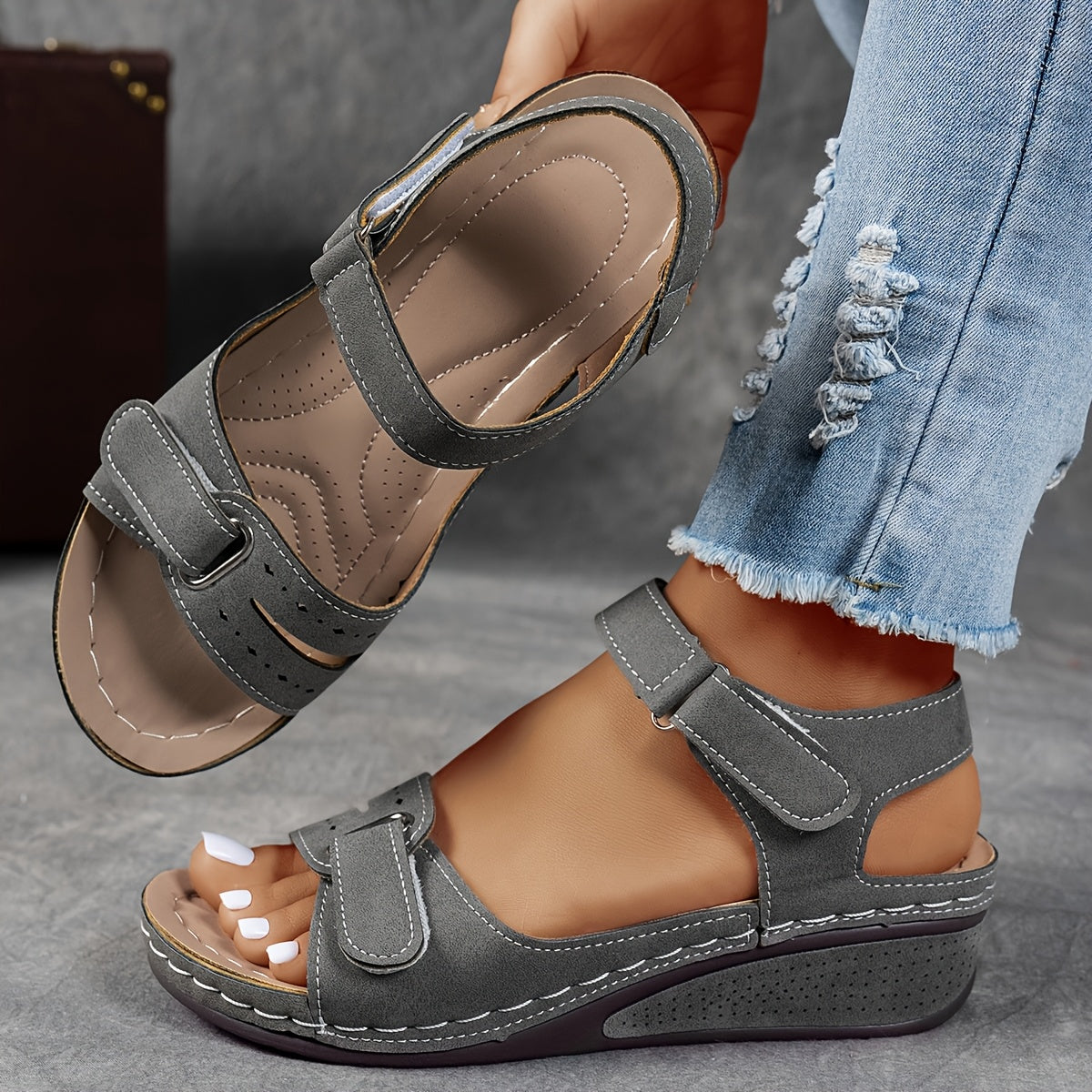 Charline Adjustable Twin Strap Cushioned Wedge Comfort Sandals - Grey