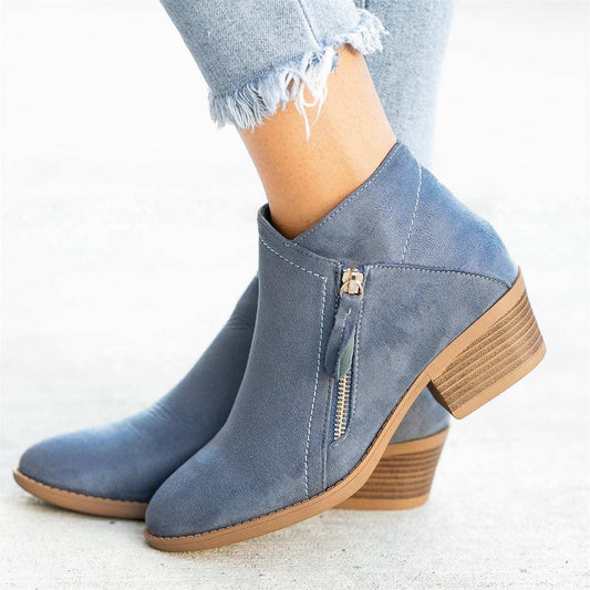 Eulalie Side Zip Stacked Block Heel Almond Toe Ankle Boots - Azure