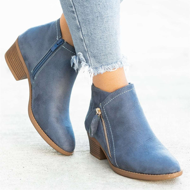 Eulalie Side Zip Stacked Block Heel Almond Toe Ankle Boots