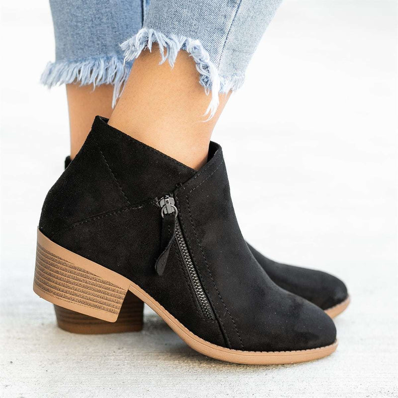 Eulalie Side Zip Stacked Block Heel Almond Toe Ankle Boots