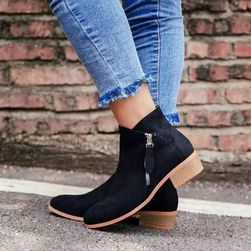 Eulalie Side Zip Stacked Block Heel Almond Toe Ankle Boots
