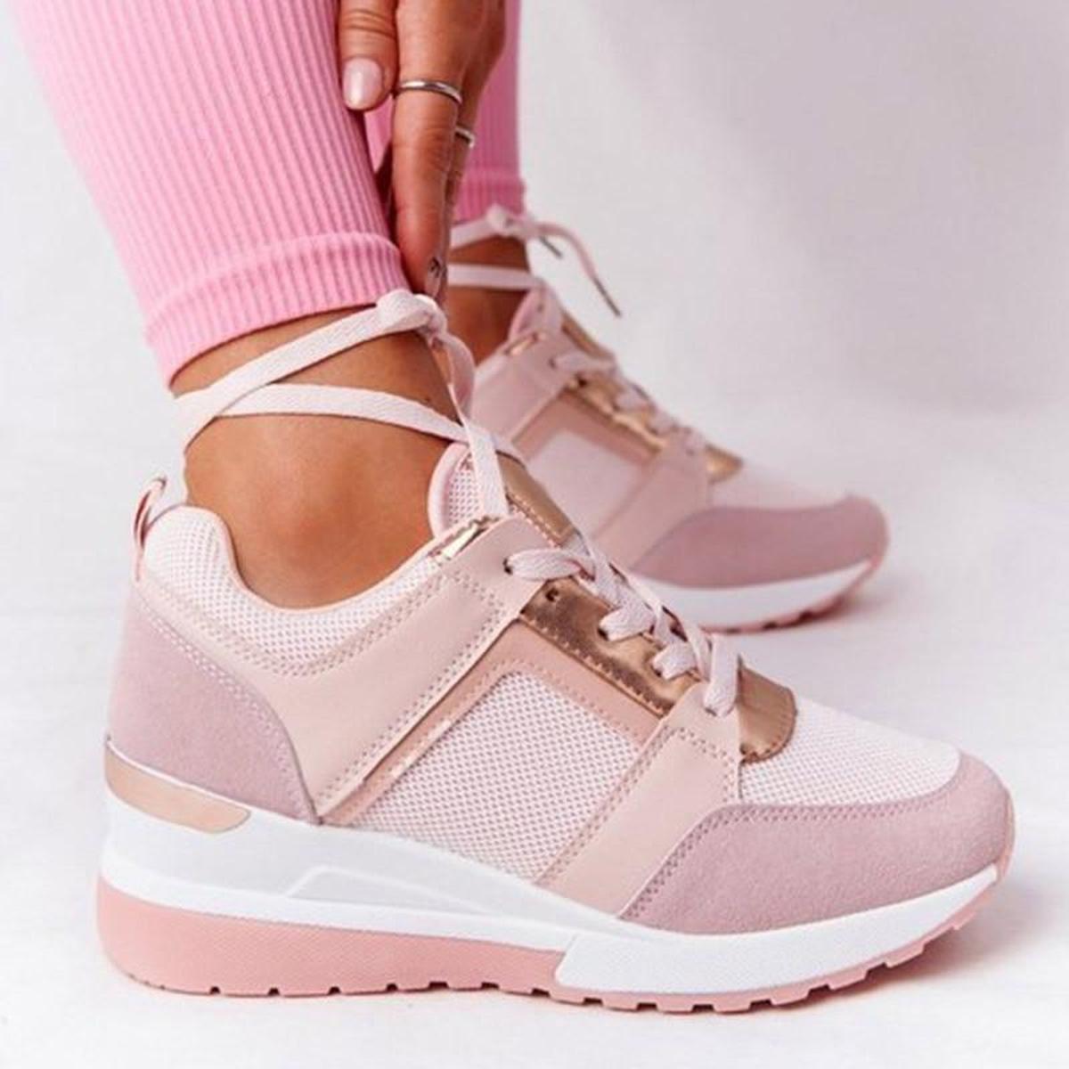 Fanny Metal Trim Lace Up Hidden Wedge Platform Comfort Trainers - Light Pink