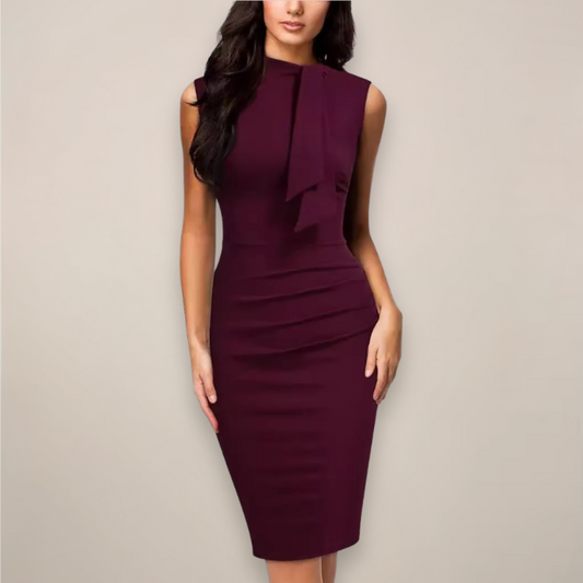 Honorine High Neck Tie Detail Sleeveless Fitted Pencil Dress - Wine Red