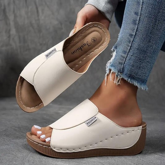 Francoise Peep Toe Slip On Low Wedge Cushioned Mule Sandals - White