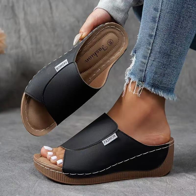 Francoise Peep Toe Slip On Low Wedge Cushioned Mule Sandals