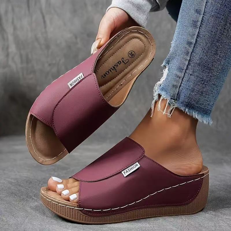 Francoise Peep Toe Slip On Low Wedge Cushioned Mule Sandals