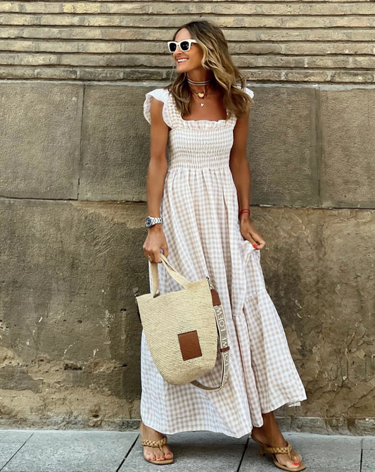 Cosima Gingham Check Shirred Bodice Flutter Sleeve Maxi Dress - Beige