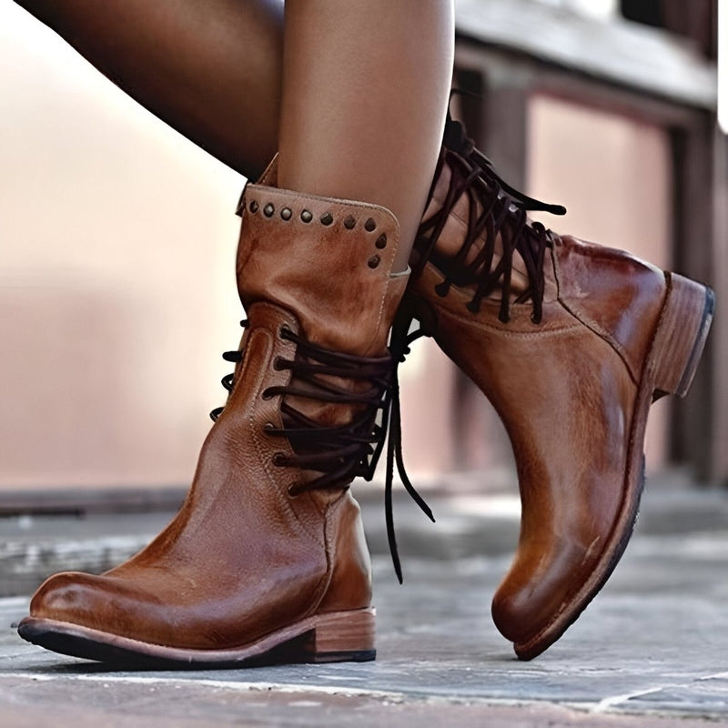 Berthe Lace Up Stud Detail Mid Calf Low Heel Combat Boots
