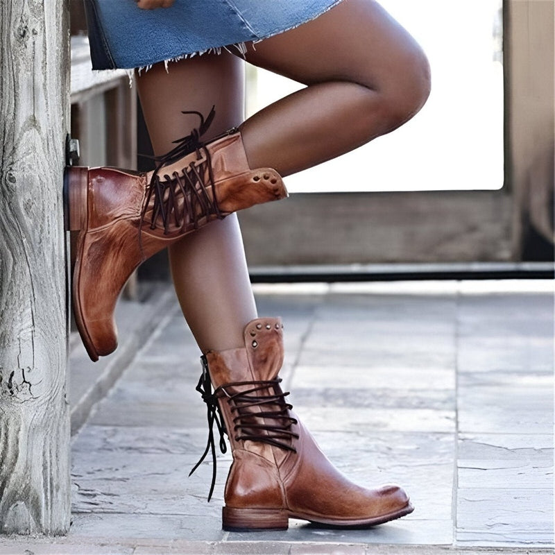 Berthe Lace Up Stud Detail Mid Calf Low Heel Combat Boots