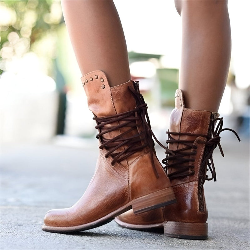 Berthe Lace Up Stud Detail Mid Calf Low Heel Combat Boots