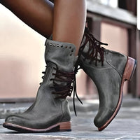 Berthe Lace Up Stud Detail Mid Calf Low Heel Combat Boots