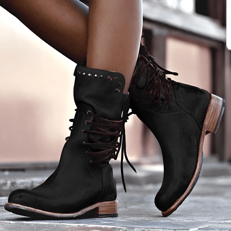 Berthe Lace Up Stud Detail Mid Calf Low Heel Combat Boots - Black