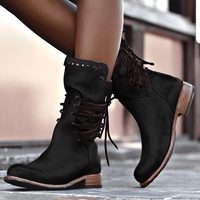 Berthe Lace Up Stud Detail Mid Calf Low Heel Combat Boots