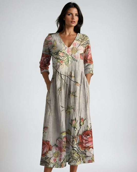Daphne Large Floral Print Pocket Detail V Neck Maxi Dress