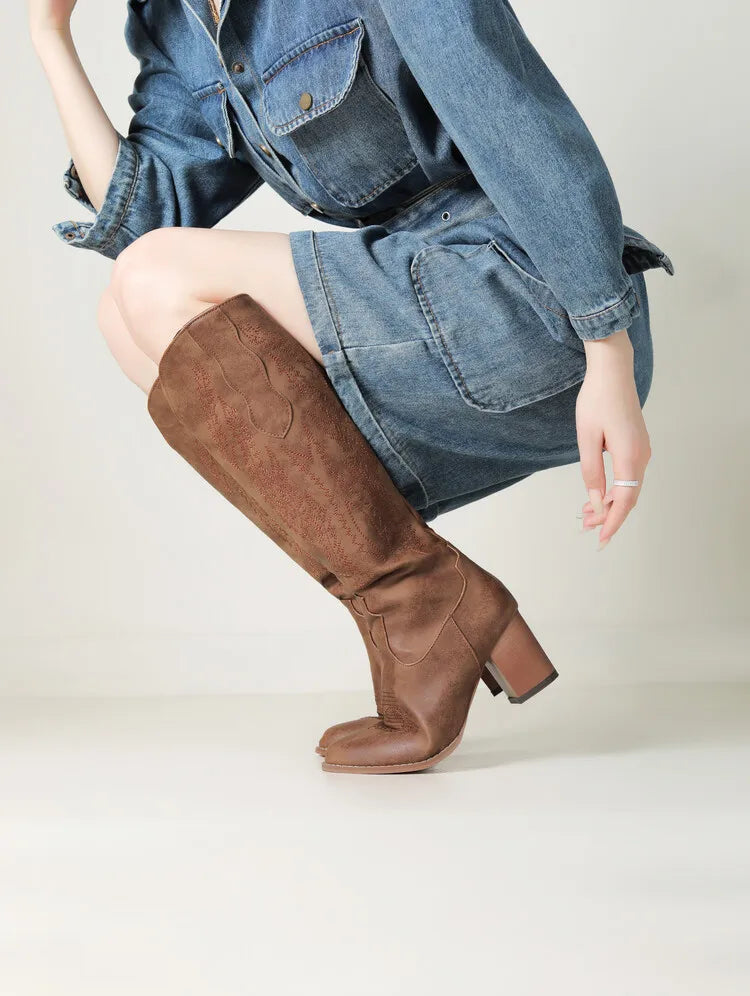 Hortense Soft Nap Shaft Stacked Block Heel Knee High Boots