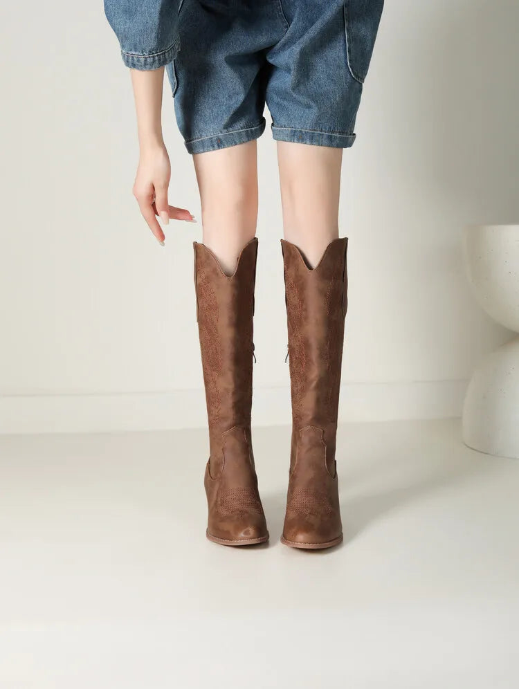 Hortense Soft Nap Shaft Stacked Block Heel Knee High Boots