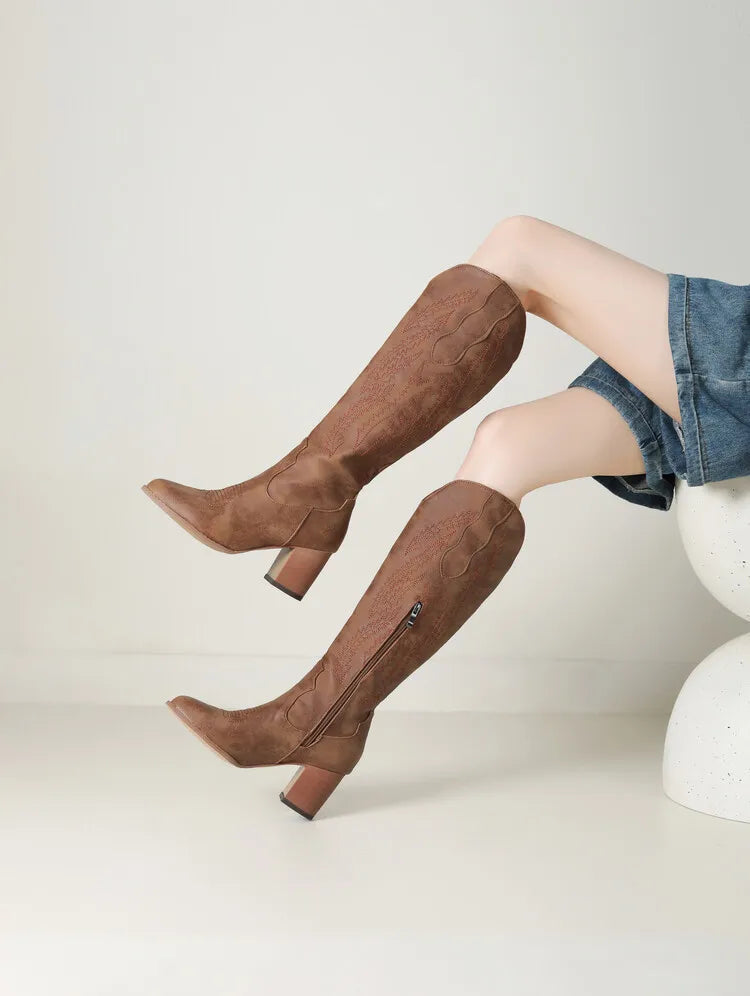 Hortense Soft Nap Shaft Stacked Block Heel Knee High Boots