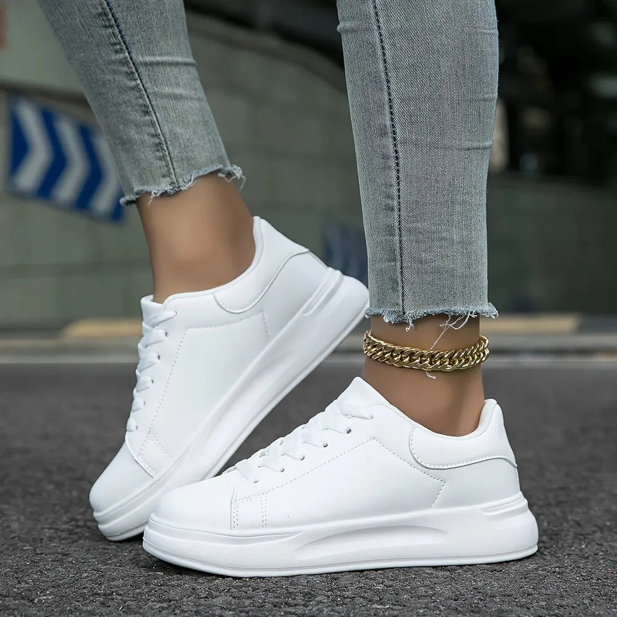 Jeanne Chunky Platform Sole Lace Up Clean Court Trainers - White