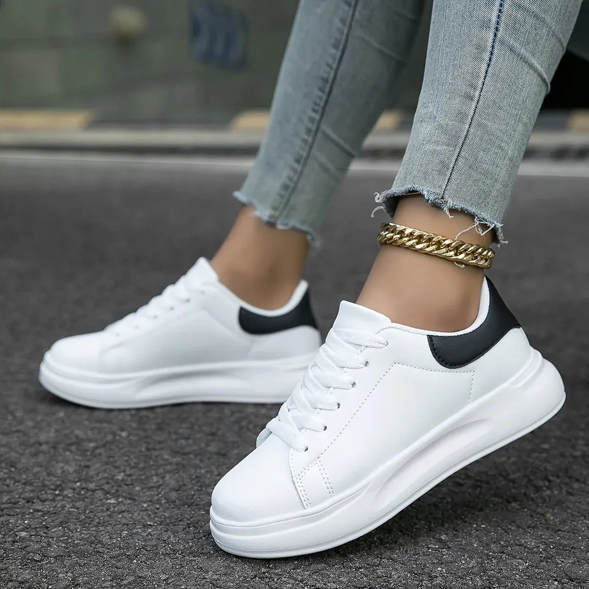 Jeanne Chunky Platform Sole Lace Up Clean Court Trainers - White & Black