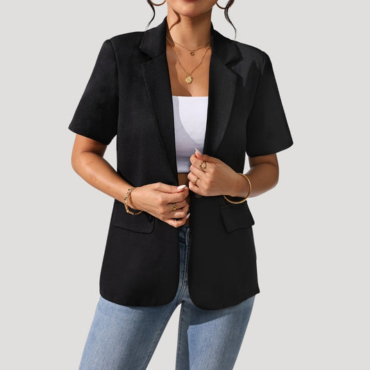 Lucinda Curved Hem Single Button Short Sleeve Blazer Jacket - Black