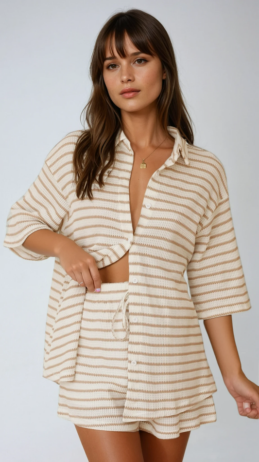 Gwen Wide Stripe Textured Oversized Shirt and Short Set