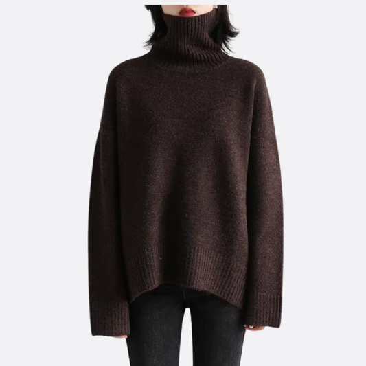 Melisande Deep Rib Oversized Roll Neck Boxy Knit Jumper - Coffee