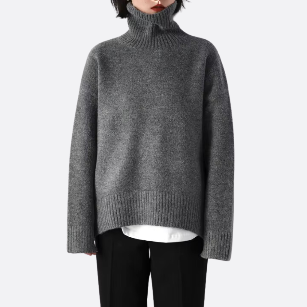 Melisande Deep Rib Oversized Roll Neck Boxy Knit Jumper - Grey