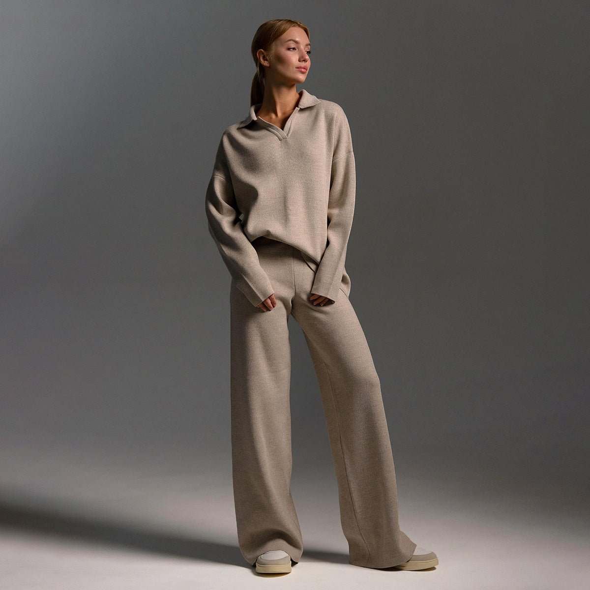 Estelle Knit Polo Collar and Wide Leg Trouser Lounge Set - Cream