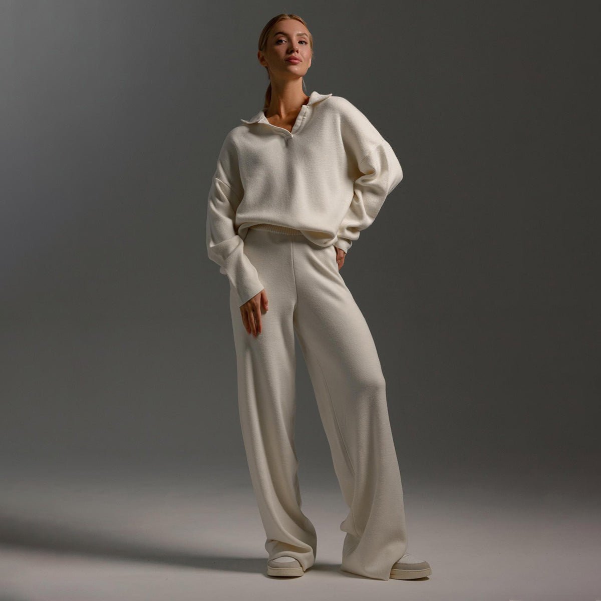 Estelle Knit Polo Collar and Wide Leg Trouser Lounge Set - White