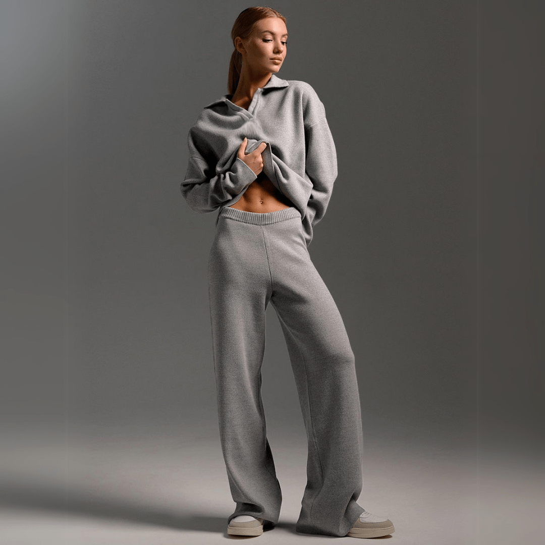 Estelle Knit Polo Collar and Wide Leg Trouser Lounge Set - Grey
