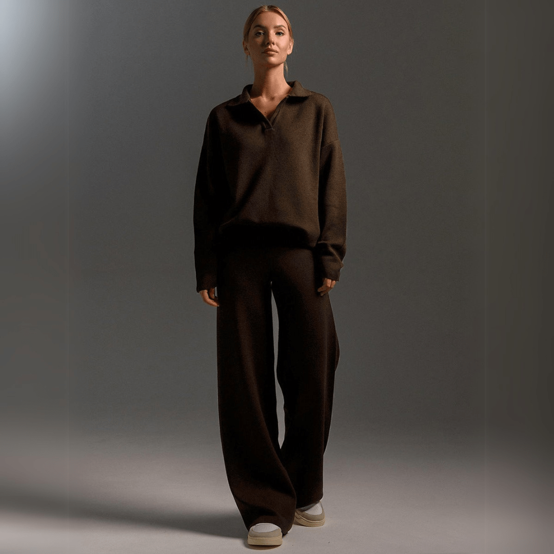 Estelle Knit Polo Collar and Wide Leg Trouser Lounge Set - Brown