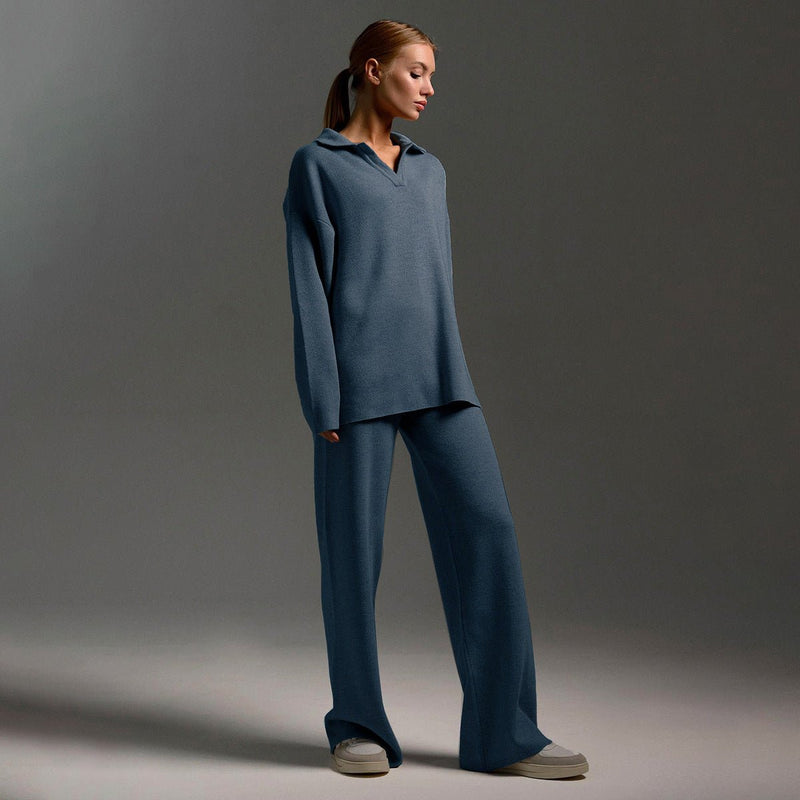 Estelle Knit Polo Collar and Wide Leg Trouser Lounge Set
