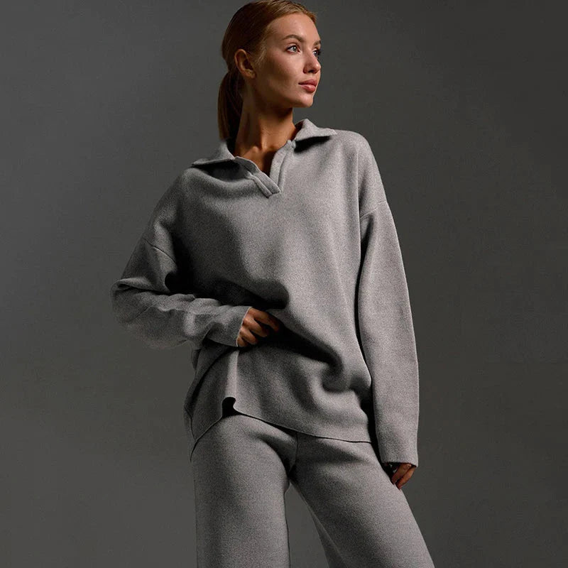 Estelle Knit Polo Collar and Wide Leg Trouser Lounge Set