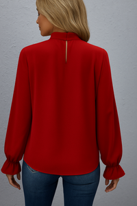 Yvonne Pussy Bow Tie Neck Blouson Sleeve Keyhole Back Blouse