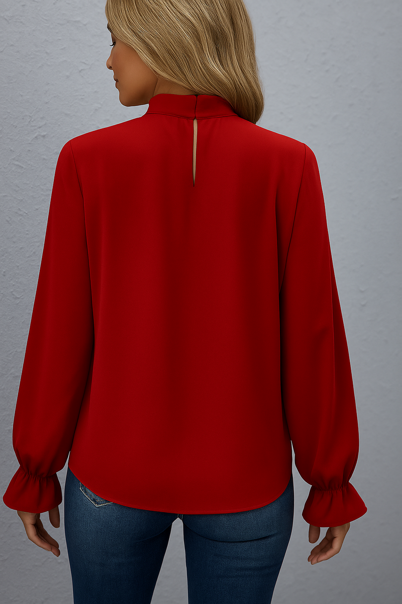 Yvonne Pussy Bow Tie Neck Blouson Sleeve Keyhole Back Blouse