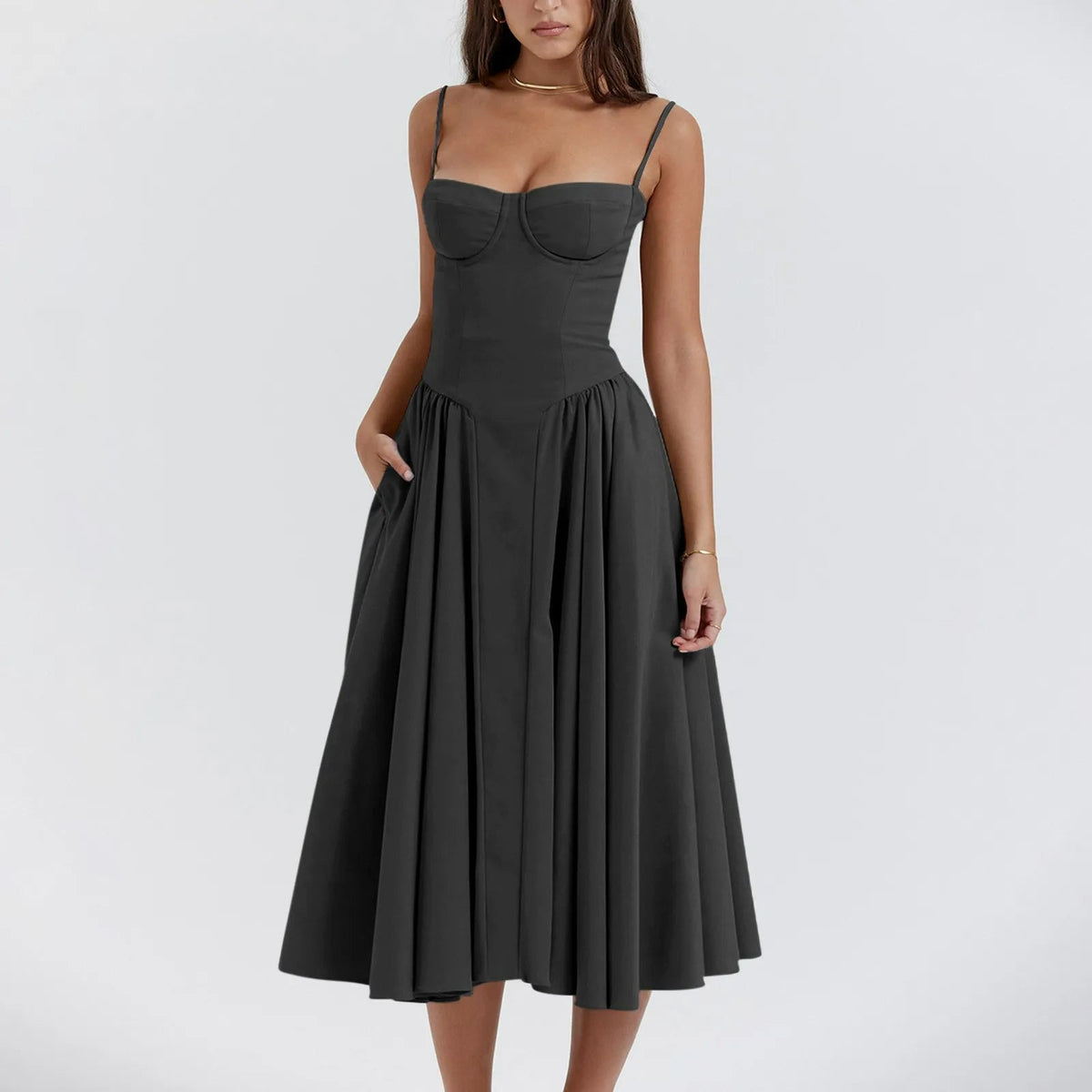Camilla Sweetheart Corset Bodice Pleated Skirt Strappy Midi Dress - Black