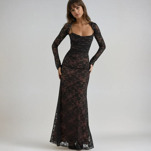 Aurelie All Over Lace Long Sleeve Fitted Column Maxi Dress