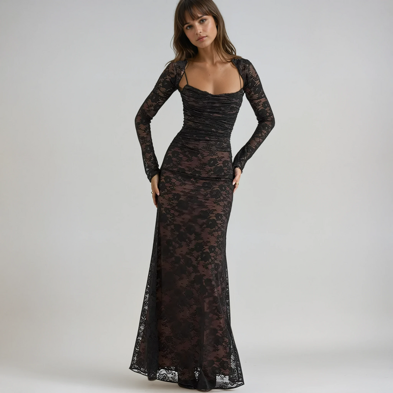 Aurelie All Over Lace Long Sleeve Fitted Column Maxi Dress