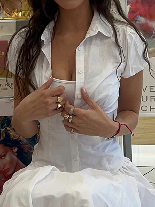 Georgette Puff Shoulder Curved Hem Fitted Short Sleeve Shirt