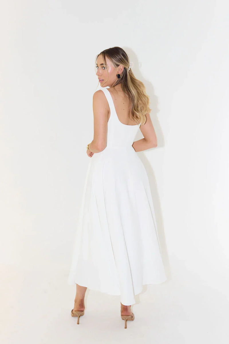 Gwendolen Square Neck Wide Strap Fitted Bodice Flare Midi Dress