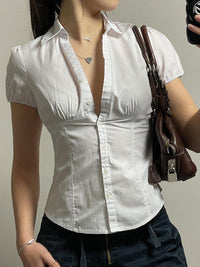 Georgette Puff Shoulder Curved Hem Fitted Short Sleeve Shirt