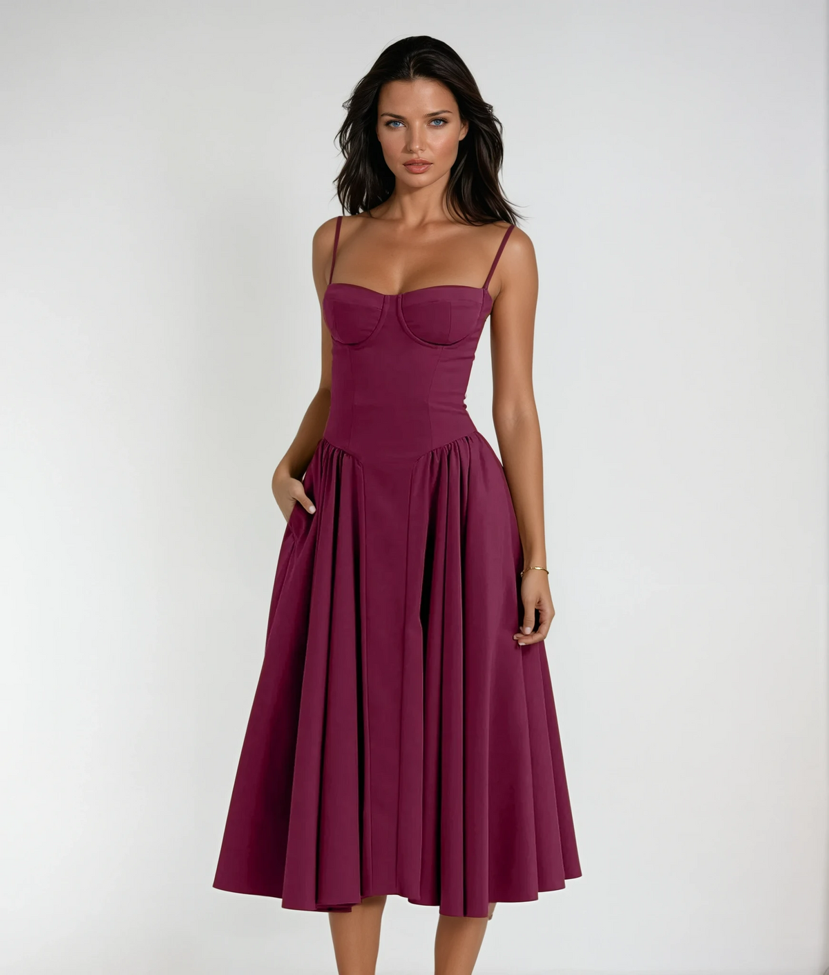 Camilla Sweetheart Corset Bodice Pleated Skirt Strappy Midi Dress - Burgundy