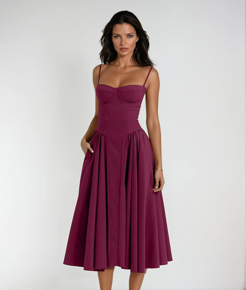 Camilla Sweetheart Corset Bodice Pleated Skirt Strappy Midi Dress