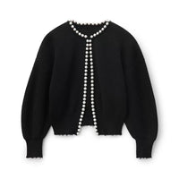 Genevieve Pearl Bead Trim Balloon Sleeve Open Knit Cardigan