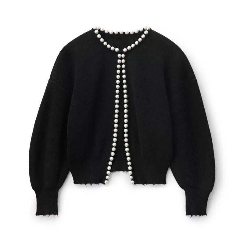 Genevieve Pearl Bead Trim Balloon Sleeve Open Knit Cardigan