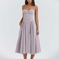 Camilla Sweetheart Corset Bodice Pleated Skirt Strappy Midi Dress