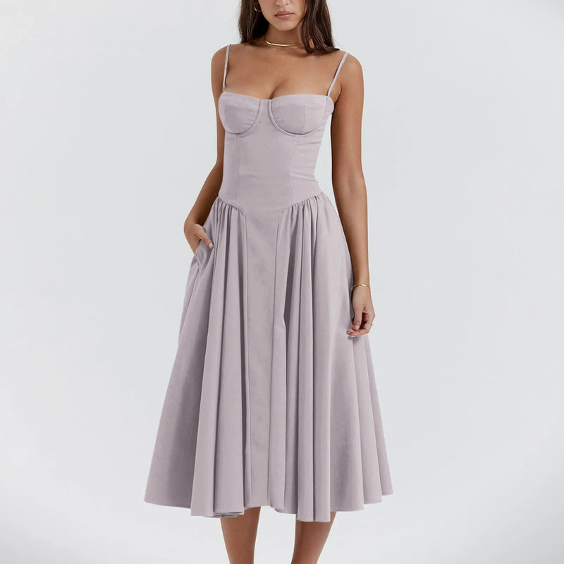 Camilla Sweetheart Corset Bodice Pleated Skirt Strappy Midi Dress